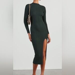 Vici Elegant Green Ribbed Knit Long Sleeve Sweater Dress